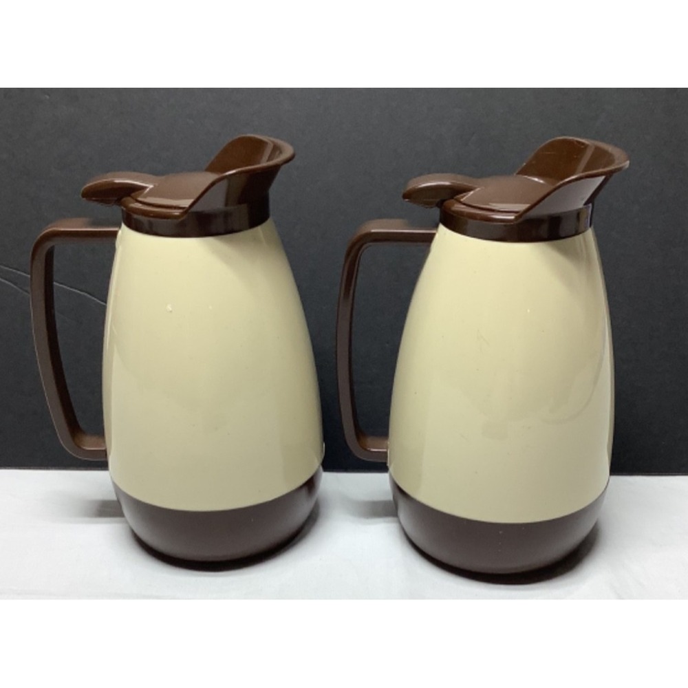Thermo Serv Insulated Plastic Coffee Carafe Pitcher Beige Brown USA Vintage X 2